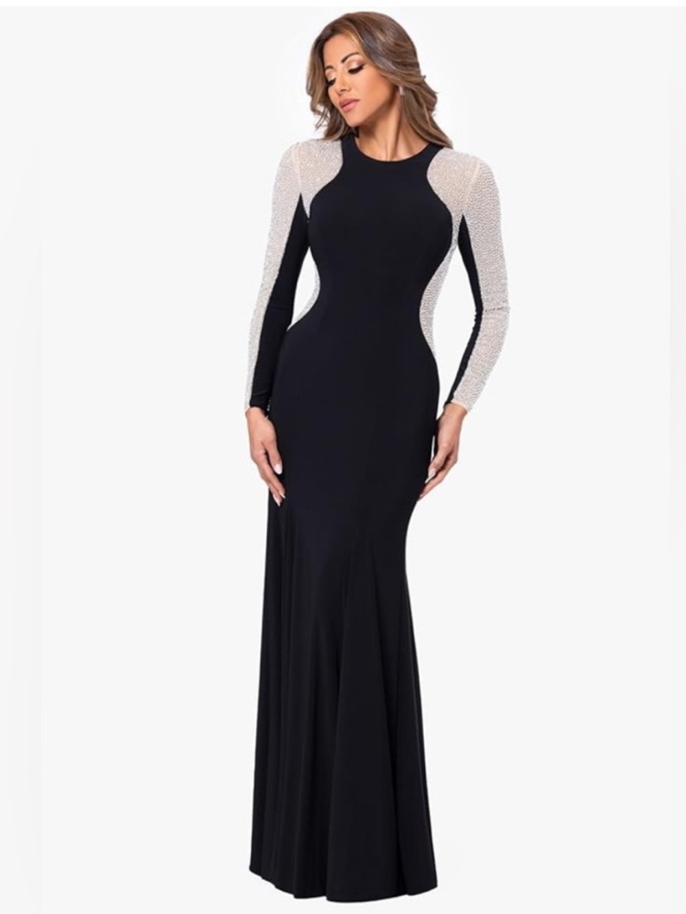 Xscape Caviar Beaded Mesh Panel Long Sleeve Contrast Matte Jersey Sheath Gown